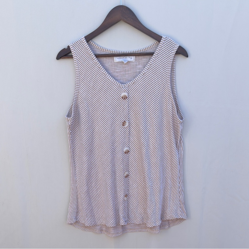 French Laundry Breton Stripe Waffle Knit Tank Top Button Front 1X